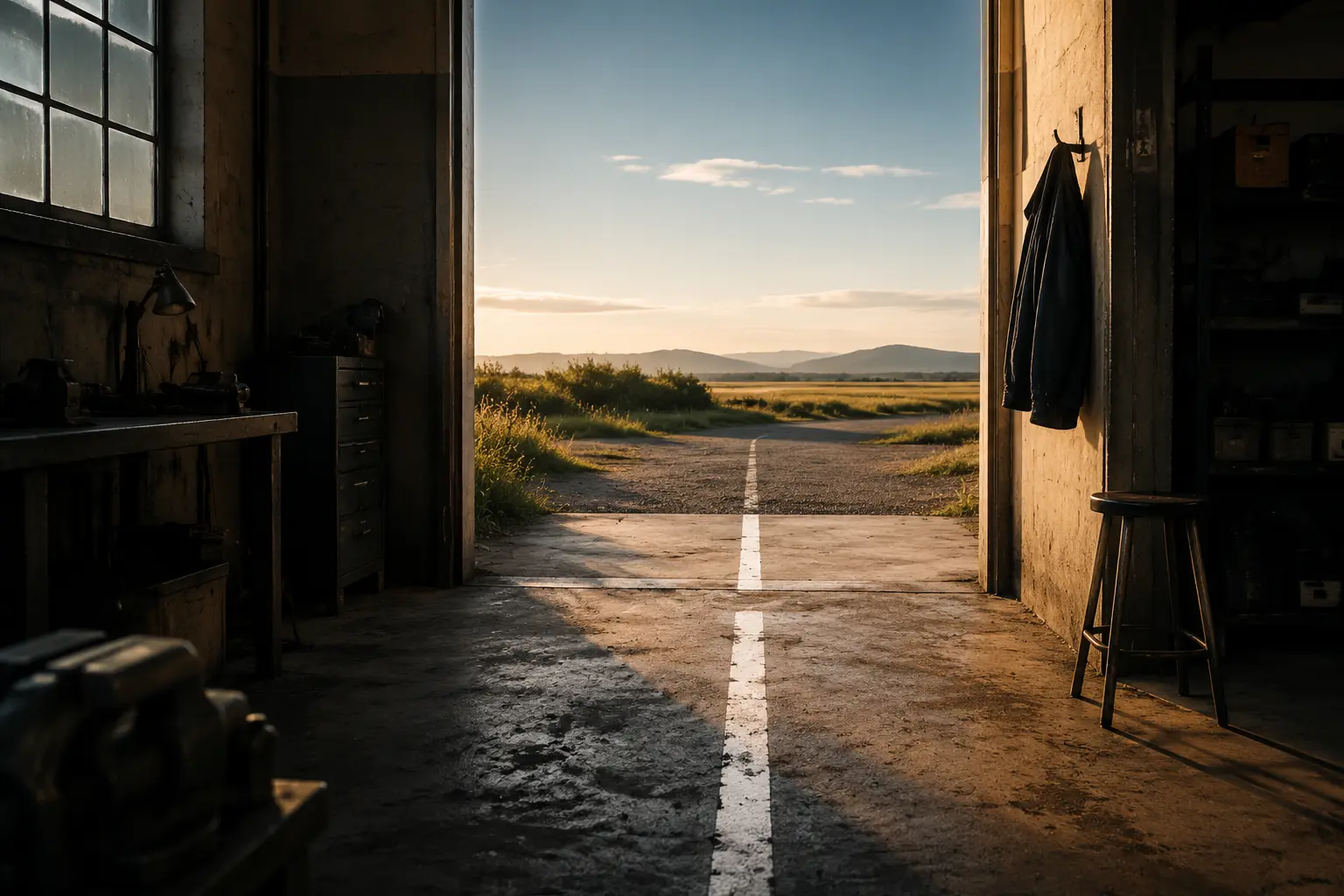 Real workshop doorway at morning with a narrow white floor line leading into open landscape