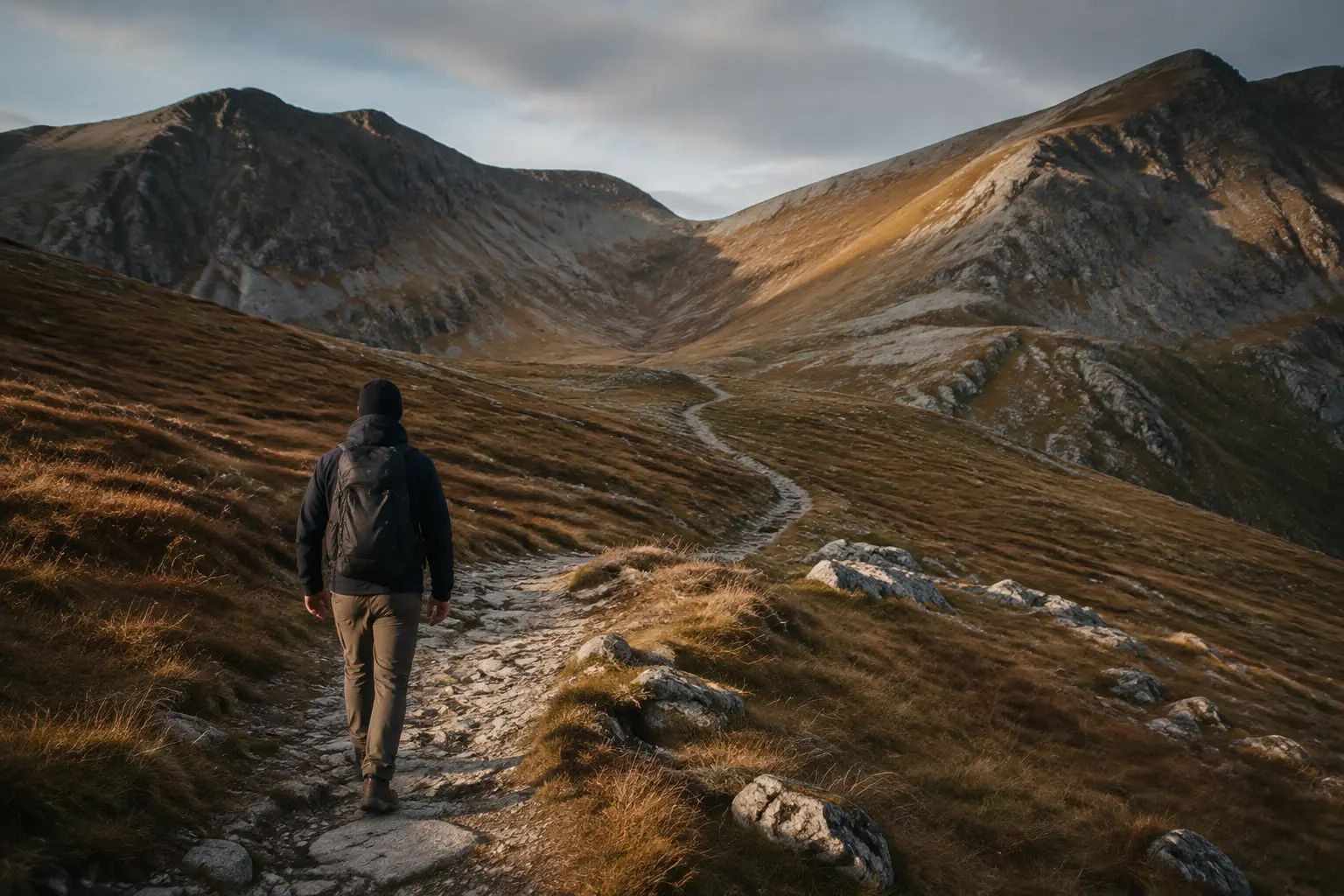 Real lone adult hiker seen from behind ascending an open mountain trail