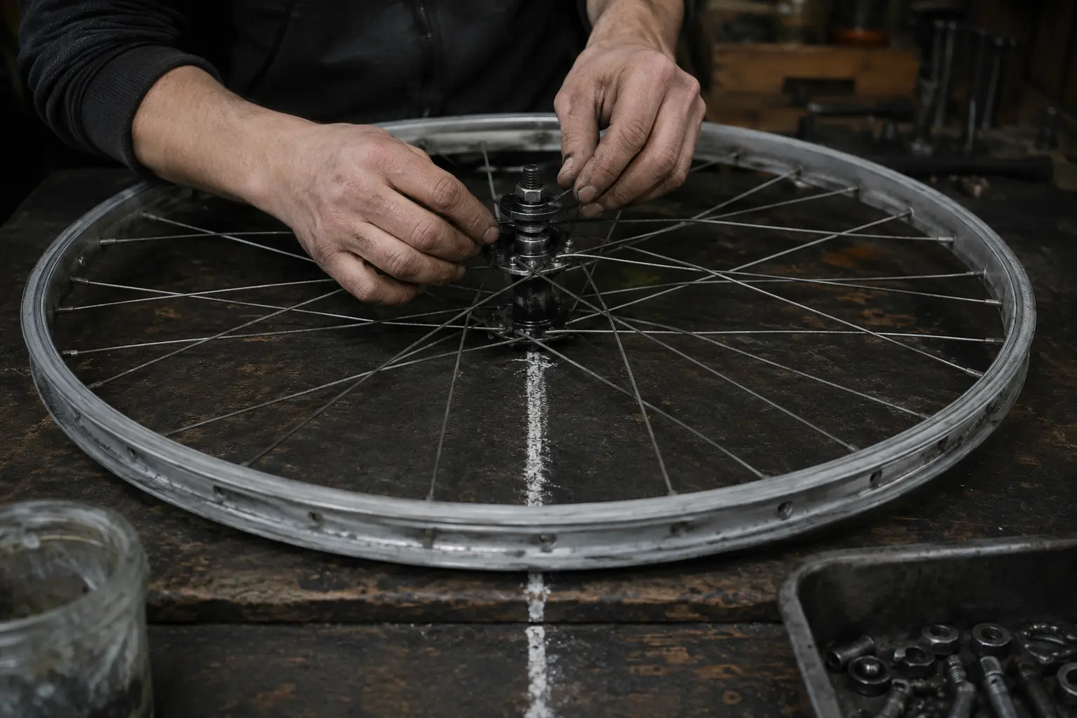 Real adult hands repairing a bicycle wheel on a workshop floor beside a white chalk line